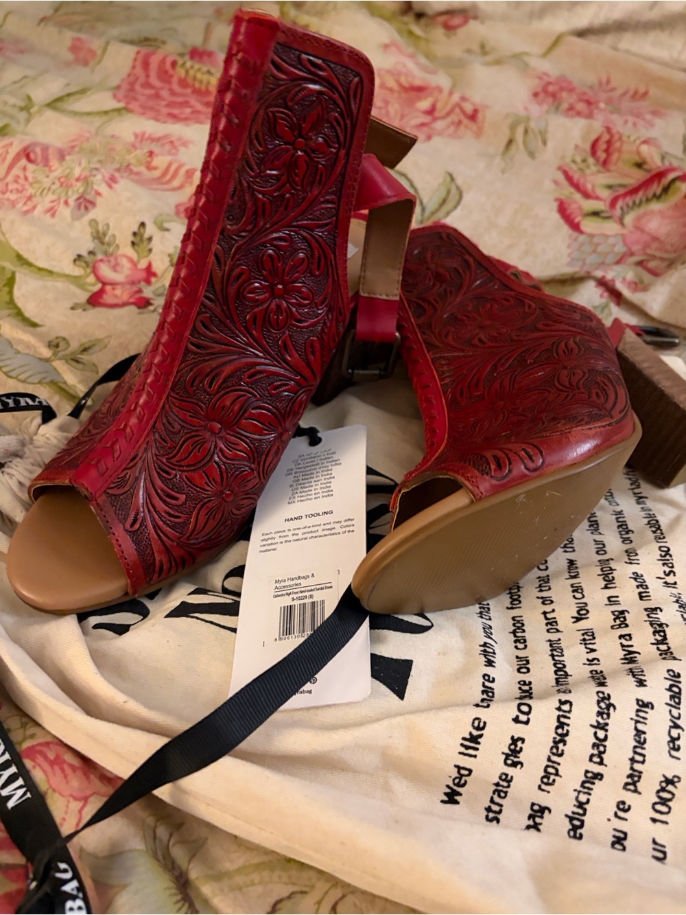Myra Bag Red Embossed/Tooled Leather Open-Toe Sandal Booties - Picture 5 of 6